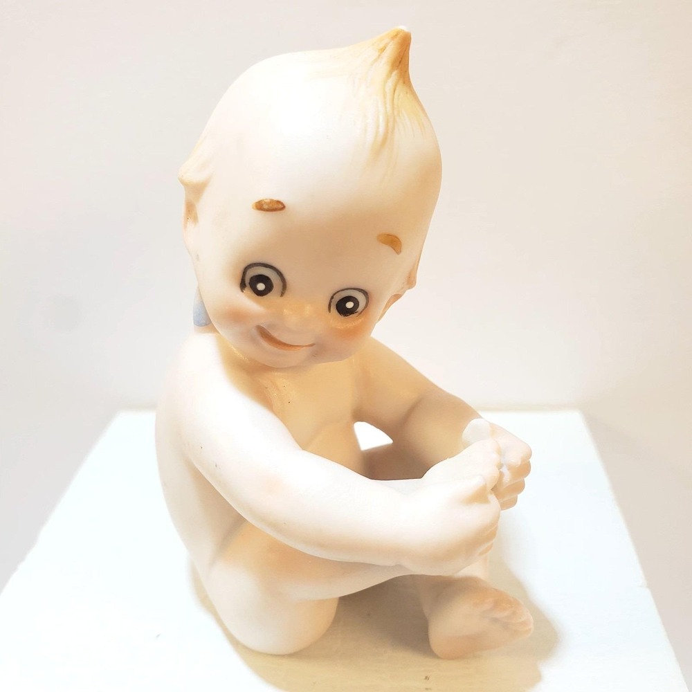 Vtg Kewpie Sitting Holding Foot Bisque Blue Wing Cherub Figurine Made In Japan